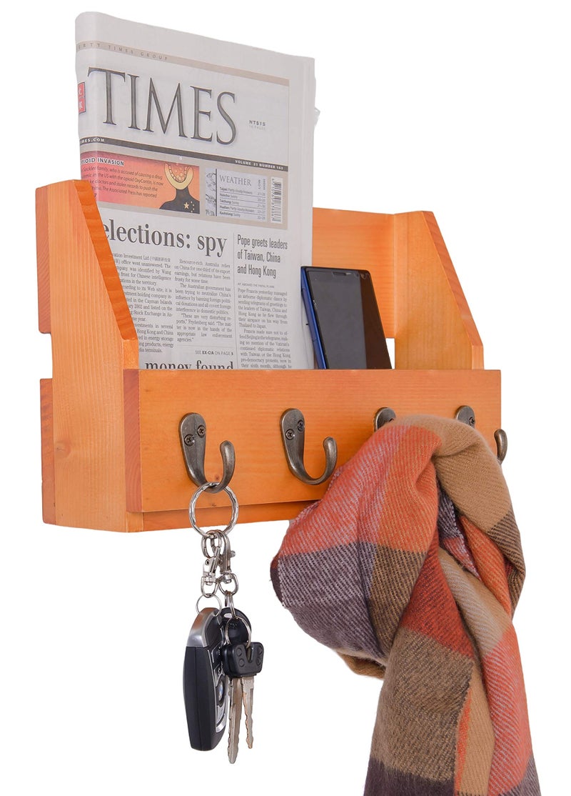 Flintar Wall Mounted Key and Mail Holder with 4 Hooks. Made of Solid Wood. Use as Key Rack, Entryway or Mudroom Organizer, Mail Sorter, Magazine Holder, Bill Sorter, Rustic Home DÃ©cor (Oak) - Image 1